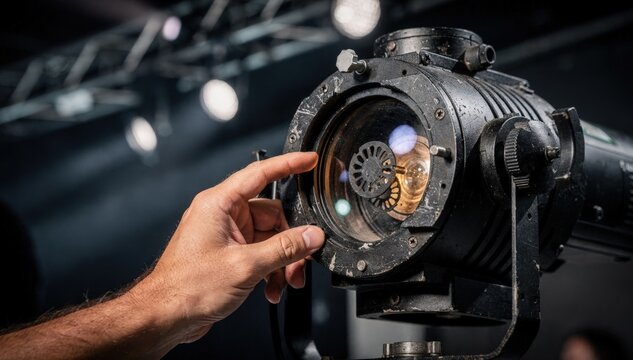 Operator finetuning gobos in spotlight fixtures capturing detailed lens adjustment while surrounding lights remain blurred.