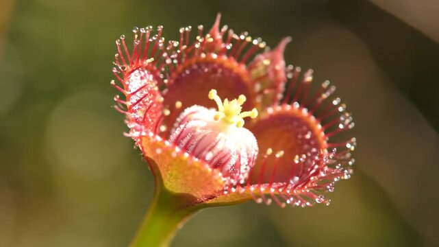 Extreme Macro Shot of a Venus Flytrap (Dionaea muscipula) Covered in Glistening Water Droplets