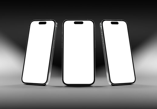 Three Modern smartphone with shadow isolated and standing on clean black background Mockup. Silver color. 3D rendering
