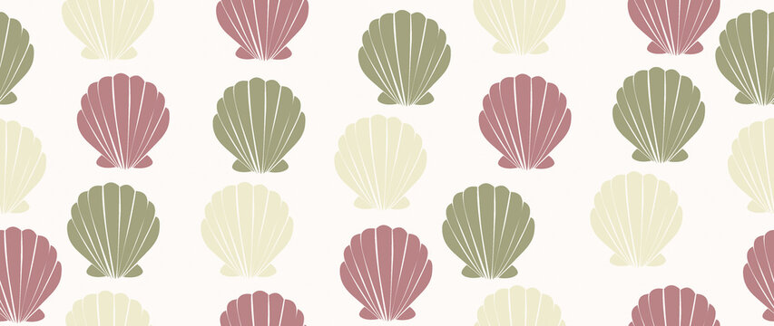 Flat illustration. Seamless sea shells pattern. In cartoon style. Cute print with small circles. Perfect for gift wrapping, posters, covers, screensavers, textile decor, etc.