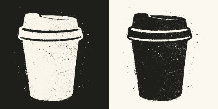 Distressed takeaway coffee cup icons with grainy texture on black and white backgrounds