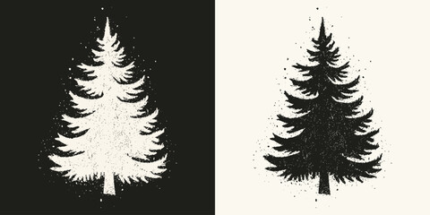 Obraz premium Textured pine tree silhouettes with grunge distressed look in black and white