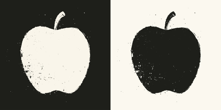 Distressed apple fruit silhouettes in black and white minimalist grunge stencil style