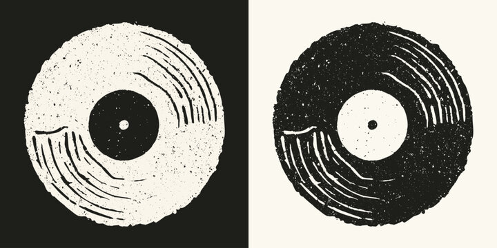 Retro vinyl record doodle illustration with grunge texture in black and white set