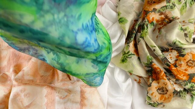 Bright green tie-dye silk fabric falls gently in slow motion onto colorful scarves. Smooth handcrafted textile creates soft folds. Floral and abstract patterns showcase premium quality material.