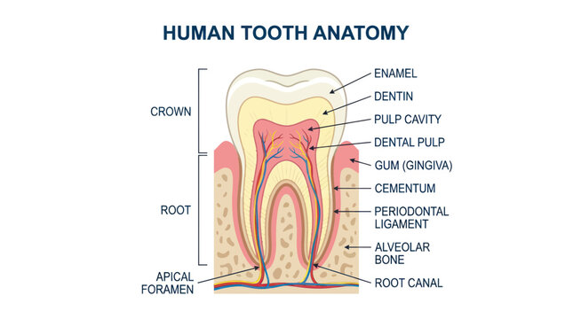 Human Tooth Anatomy Diagram: Crown, Root, Enamel, Dentin, Pulp, Gum, Bone
