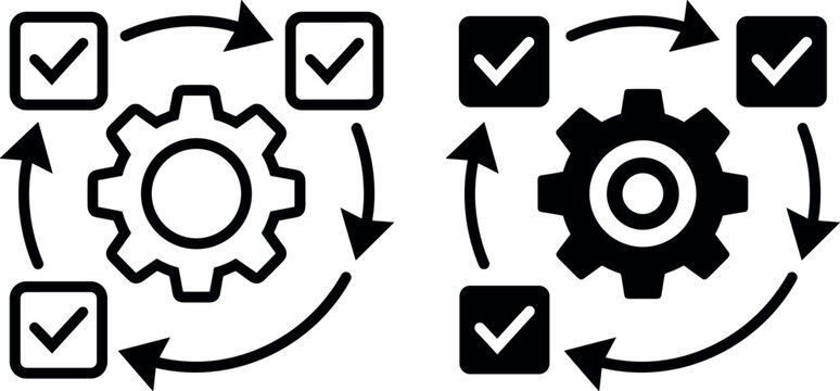 Process Optimization and Workflow Automation Icon Vector Set Featuring Cogwheel Gear, Checkboxes, and Cyclic Rotation Arrows in Outline and Solid Styles