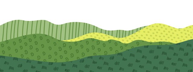 Fototapeta premium Field collage background with abstract farm patterns of green rice terraces and tea plantations. Agricultural texture design with vineyard hills, wheat landscapes and corn fields in modern vector.
