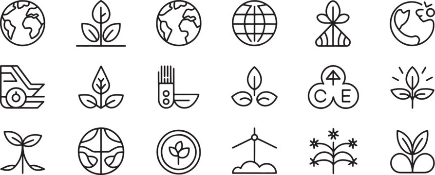 Environment and Ecology Doodle Icons Set with Globe, Sprout Leaves, and Tree Symbols in Black Line Art