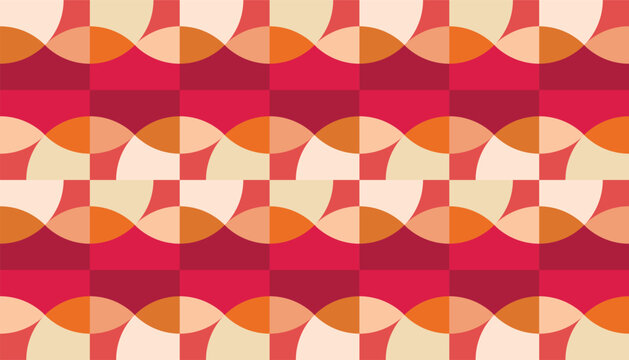 Abstract geometric seamless pattern in warm red, orange, and cream colors. Minimalist vector background with repeating wavy tile ornament.