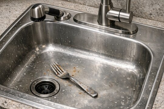 A close-up of a dirty kitchen sink with a fork stuck in it, perfect for depicting messiness or neglect