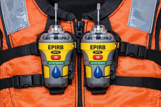 Two personal locator beacons (PLBs) attached to a life jacket for safety at sea or on water