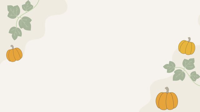 Seamless looping background animation of swinging pumpkins and creeping vines with text copy space. Flat style seasonal autumn harvest illustration on beige solid color