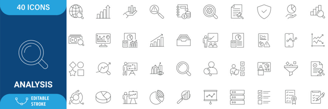 Analysis icons set. Containing analysis, infographic, analytics, balance, charts, report, and more. line Icon Collection. Vector illustration. Editable stroke