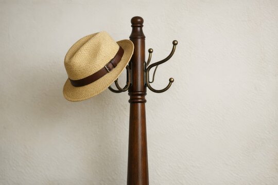 A single hat hangs from a coat rack, ready to be worn