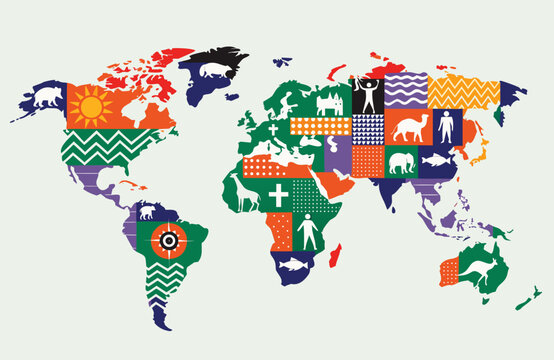 World map features colorful patchwork patterns and diverse animal silhouettes representing global biodiversity in a stylized graphical display that offers ample negative space for your custom design.