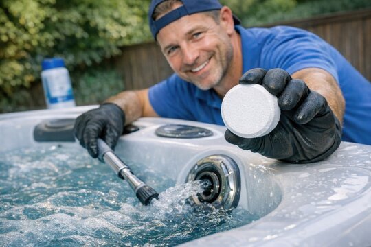 A person in a blue shirt and black gloves is cleaning a hot tub