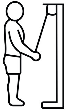 Minimalist black line art vector illustration of a person doing cable tricep pushdown exercises in a gym on transparent background