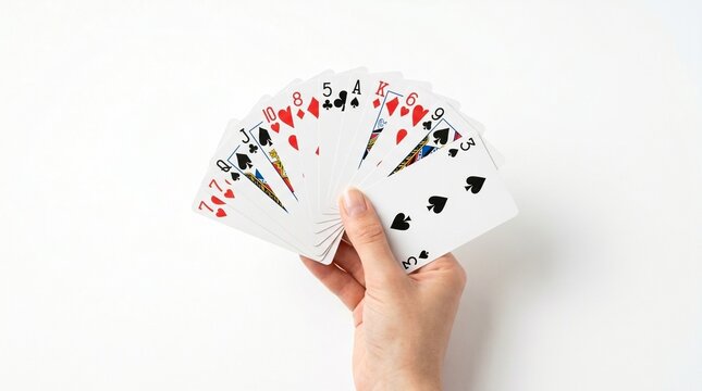 Minimalist concept photo: bridge hand of 13 cards fanned perfectly, isolated on white background, soft shadow, product-style stock photo