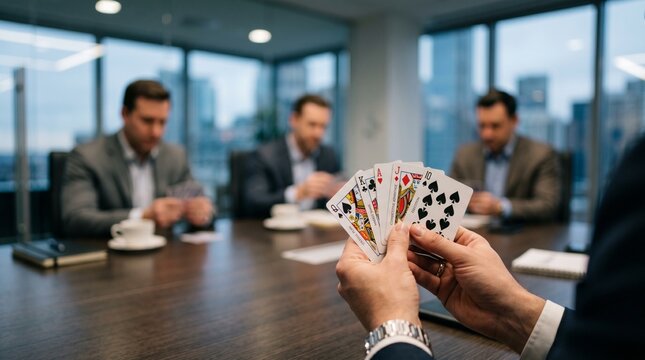 Strategy concept: hand holding bridge cards with blurred opponents across table, selective focus, business strategy metaphor, corporate stock photo style