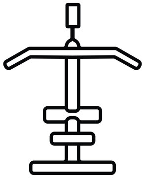 Minimalist black outline vector illustration of a lat pulldown fitness gym machine element presented as a graphic on transparent background