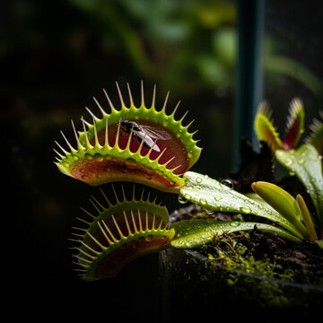 Macro Close-up of a Carnivorous Venus Flytrap with a Fly Prey and Dew Drops on Dark Background
