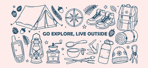hand drawn outdoor adventure pattern, camping travel sketch background, hiking exploration icons, wilderness journey motif, wild nature illustration, camping gear design, adventure art texture, creati © Geetaroy