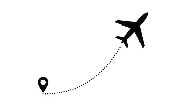 Black airplane icon with a dotted flight path line starting from a location map pin marker
