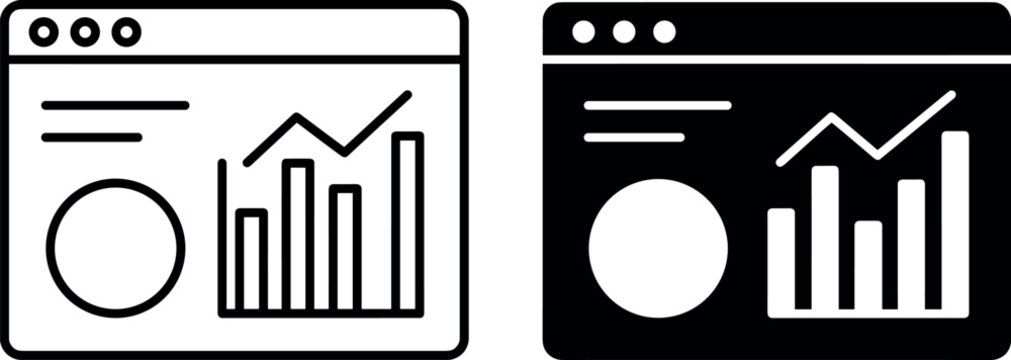 Web Browser Dashboard Analytics Icon Vector Set Featuring Data Reports, Bar Graphs, Pie Charts, and Growth Trends in Solid Glyph and Line Art Outline Styles