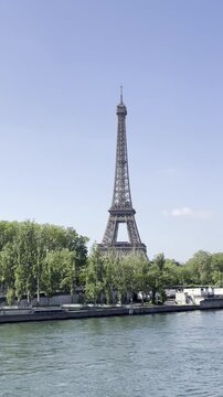 Eiffel Tower and Seine River in Paris, France on a clear spring day