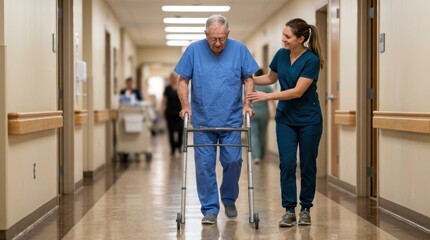 Fototapeta premium A physiotherapist assists an elderly patient using a walker while walking through a hospital corridor. The scene highlights post-surgery rehabilitation, physical therapy, and patient recovery support.