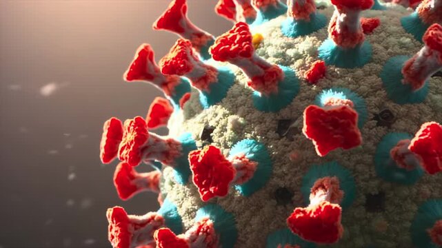 Virus spike proteins rotating extreme close-up on viral surface, red receptors and particle texture for virology research, vaccine study, infection risk, pandemic education, and medical science