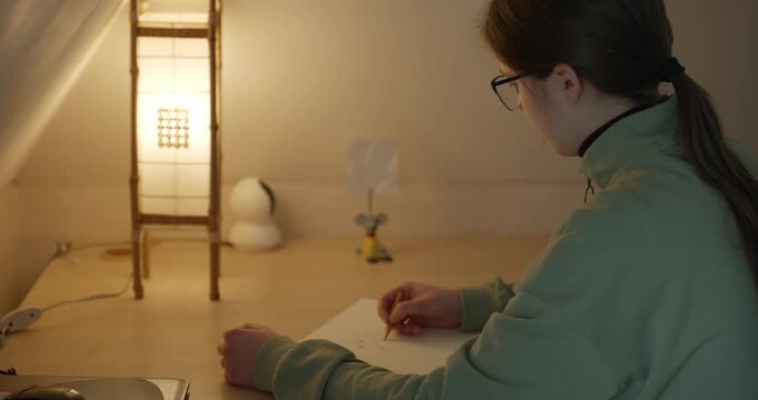 Girl Draw Pictures With Pencil on Desk Table in Bedroom at Home. 4K 10-bit