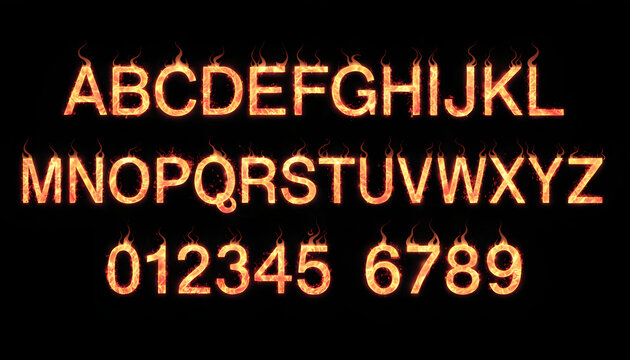 Alphabet and numbers set with glowing red neon fire effect on black background