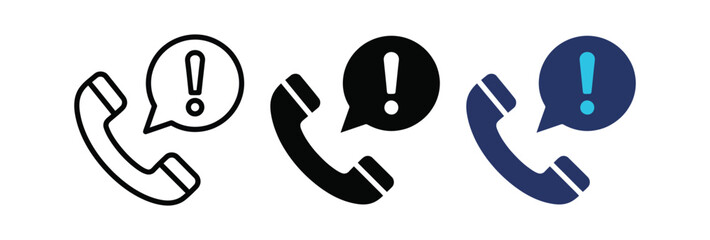 Telephone alert icon set representing urgent communication and emergency calls in outline and solid variations © zrgraphicstore