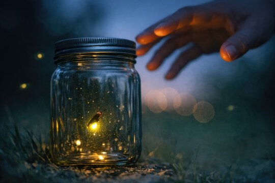 A person gently touches the jar containing a glowing firefly