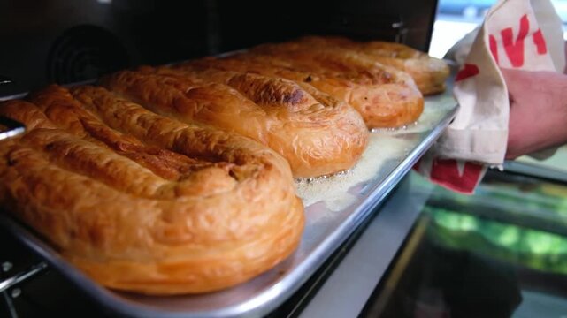 Close-up footage of freshly baked b&ouml;rek resting on a metal oven tray, showing golden crispy pastry layers, traditional Turkish food preparation and hot bakery service.