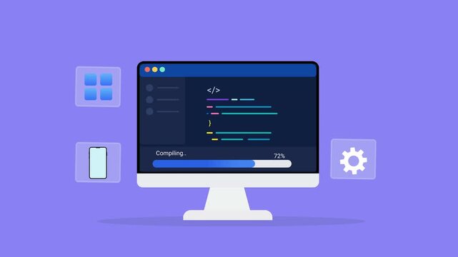 Animated flat vector illustration of a desktop monitor displaying software code with settings, application, and system interface icons. Modern software configuration and development technology concept
