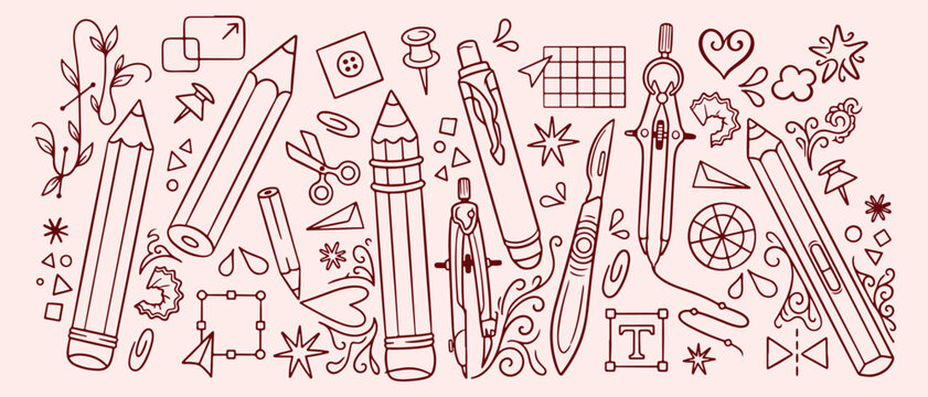 Stationery school supplies set, creative art office tools, desk organization work icons, student academic study kit, professional school stationary pattern, artistic design drafting equipment, creativ