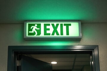 Obraz premium A green exit sign above a doorway in a building