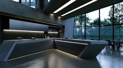 Fototapeta premium A modern kitchen design with sleek concrete surfaces, large windows, and innovative lighting