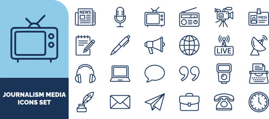 Fototapeta premium Journalism and media set, outline of television, microphone, newspaper, camera, laptop, and communication tools on white background