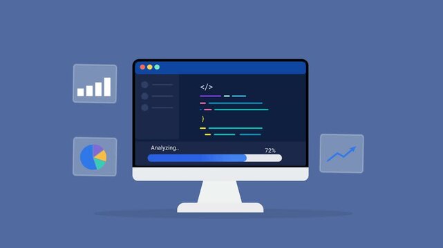 Animated flat vector illustration of a desktop monitor displaying software code with analytics charts and reporting icons. Modern data analysis, business intelligence, and technology dashboard concept
