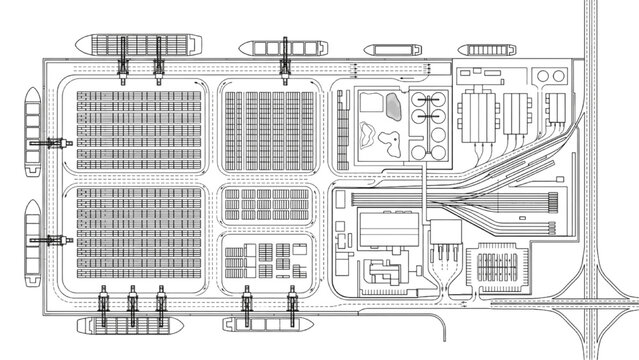 Industrial Cargo Port Site Plan with Container Terminal Loading Docks and Ships CAD Vector Template