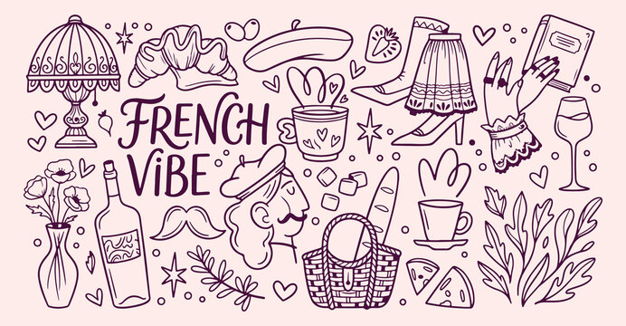 French vibe fashion style, romantic parisian lifestyle icons, elegant french fashion pattern, chic paris lifestyle design, vintage french culture background, artistic french fashion sketches, romantic