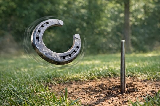 A horseshoe sits in the center of a grassy hole, possibly a relic from an old farm or stable