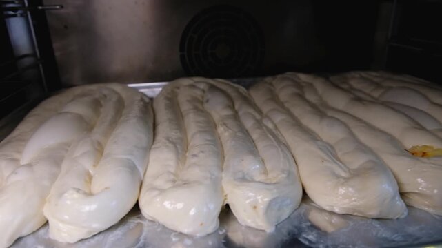 Close-up footage of raw b&ouml;rek pastries arranged on metal trays and placed inside an oven, showing traditional Turkish pastry preparation, fresh dough, bakery production and baking process.