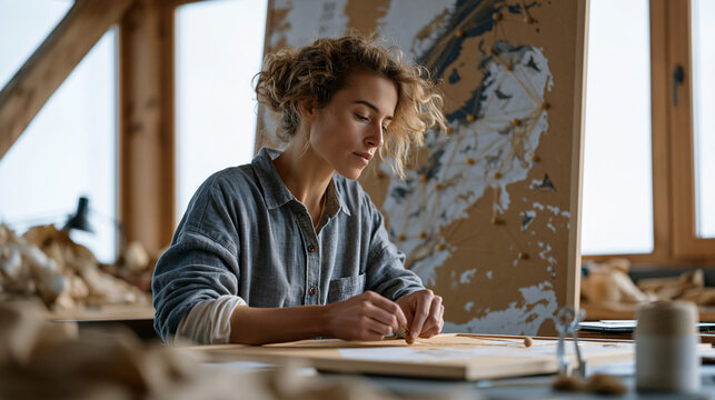 Ecologist at field station pinning string between nodes on a cork map board showing animal migration routes, interconnected ecosystem network visual, conservation research