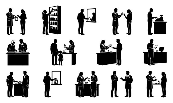 Pharmacy silhouettes showing pharmacist and patient medical interactions in a drugstore | Healthcare illustration vector icon set