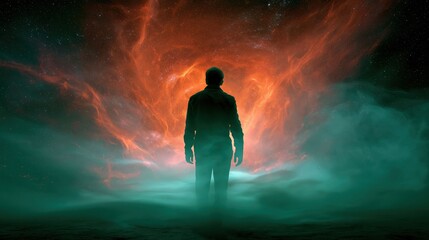 Obraz premium A lone human silhouette stands before a giant glowing orange cosmic vortex. The scene feels powerful, mysterious, and cinematic, like a portal opening in deep space.
